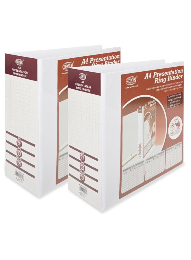 FIS Presentation Binder, A4 Size(210x297mm), 2[D]Ring Type, 75mm Ring Size, 4.50" Inches Spine with Clear PVC Pocket For Easy Insert Your Label Design, Packet of 2 Pieces, White Color-FSBD275DPB/2 - Image 1