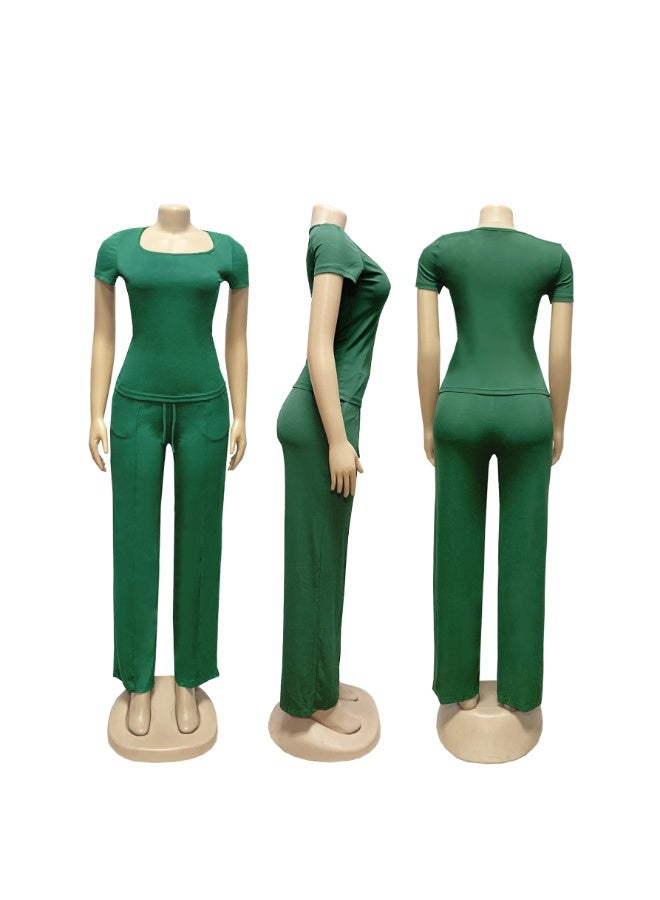 KUYING New Fashion Square Neck Short Sleeve Top High Waist Wide Leg Casual Set - Image 3