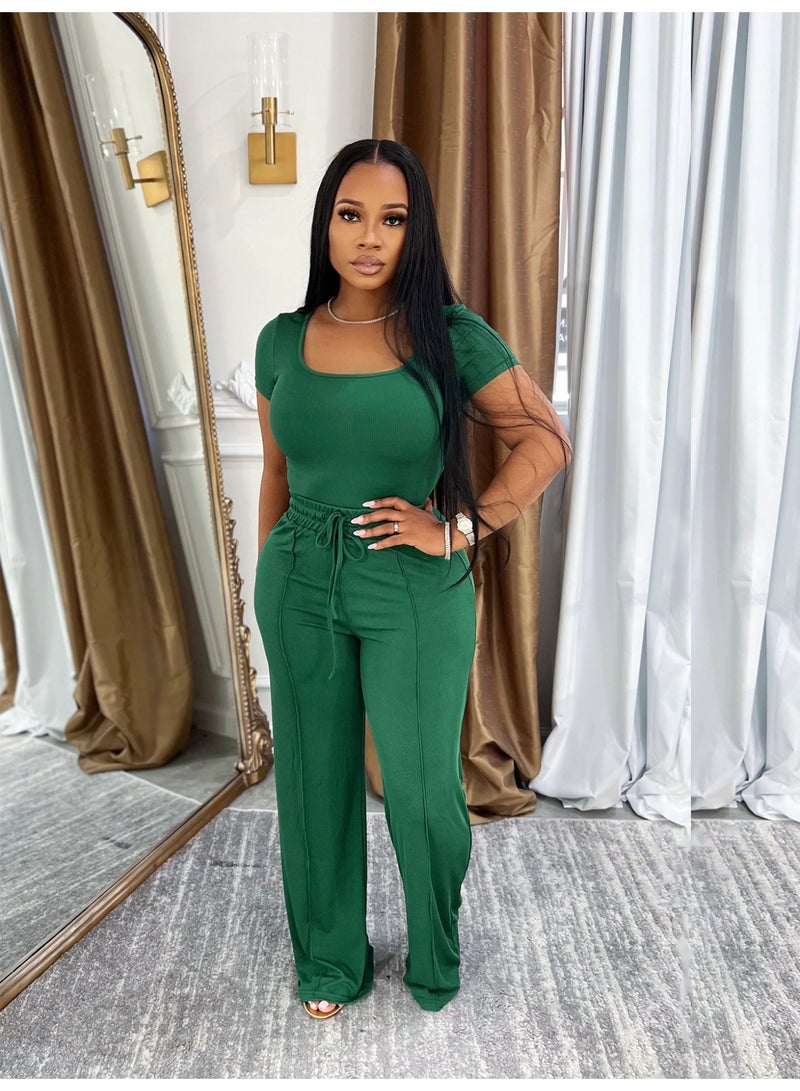 KUYING New Fashion Square Neck Short Sleeve Top High Waist Wide Leg Casual Set - Image 1