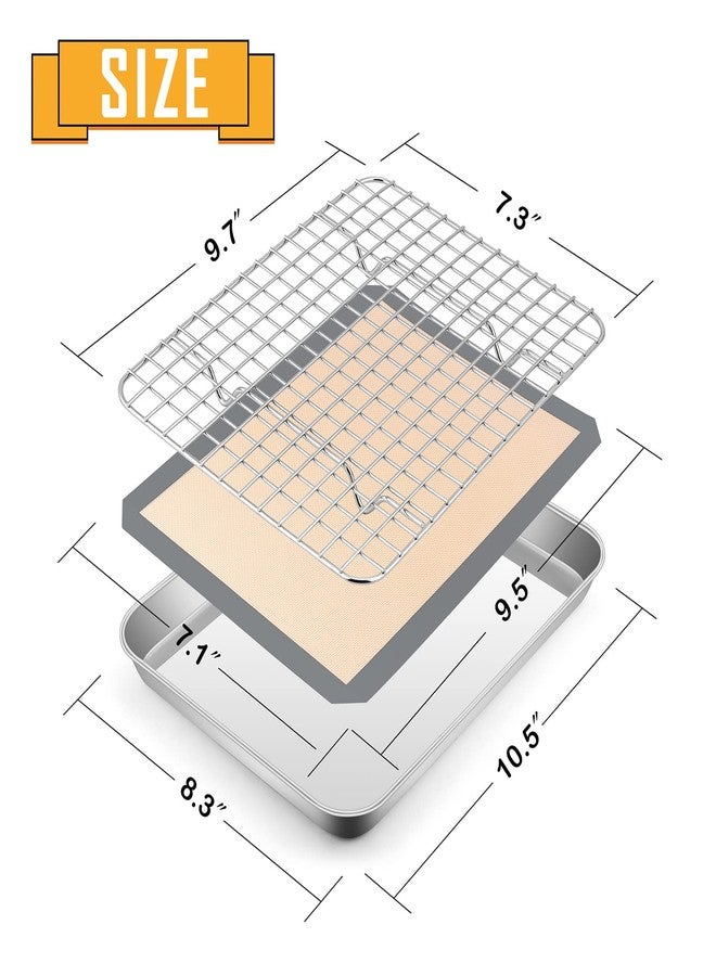 E-far Toaster Oven Baking Sheet Set, E-far 10.5”x8.3” Small Stainless Steel Cookie Sheet Pan with Wire Rack & Silicone Mat for Cooking Broiling, Rimmed Metal Tray Roasting Cooling Bacon Steak - Image 2