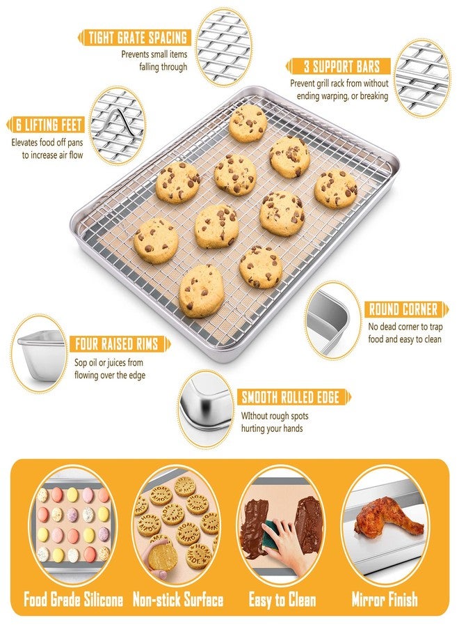 E-far Toaster Oven Baking Sheet Set, E-far 10.5”x8.3” Small Stainless Steel Cookie Sheet Pan with Wire Rack & Silicone Mat for Cooking Broiling, Rimmed Metal Tray Roasting Cooling Bacon Steak - Image 3