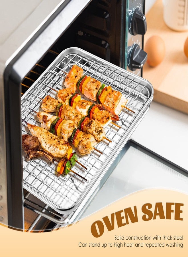 E-far Toaster Oven Baking Sheet Set, E-far 10.5”x8.3” Small Stainless Steel Cookie Sheet Pan with Wire Rack & Silicone Mat for Cooking Broiling, Rimmed Metal Tray Roasting Cooling Bacon Steak - Image 4