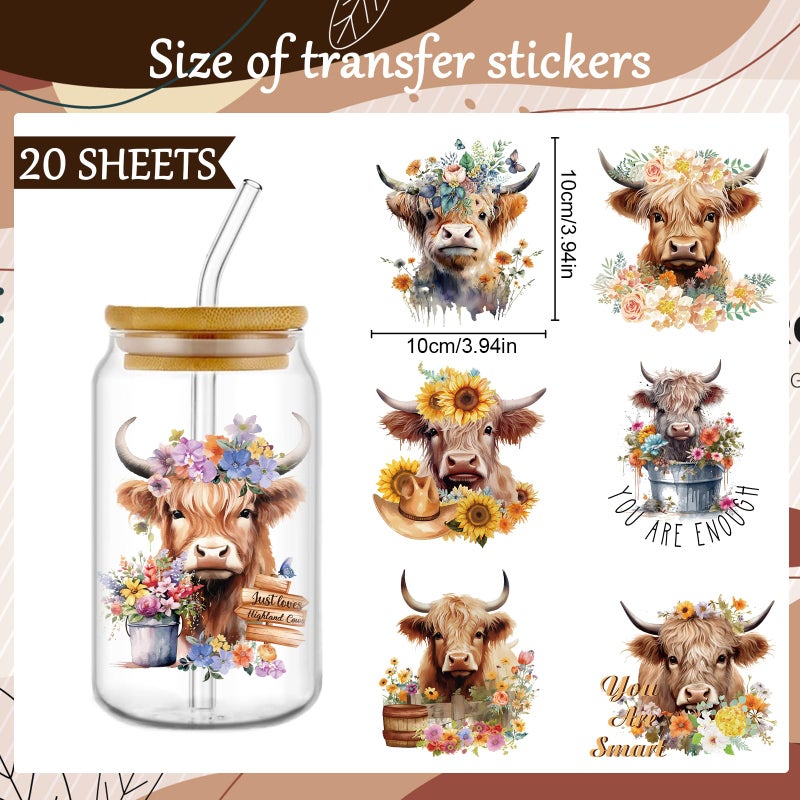 Rngmsi UV DTF Cup Wrap - 20 Sheets Highland Cow UV DTF Cup Wraps for 16 oz, Sunflower Uvdtf Decals, Waterproof Personalized Rub on Transfer Stickers for Glass, DIY Wood Crafts - Image 2