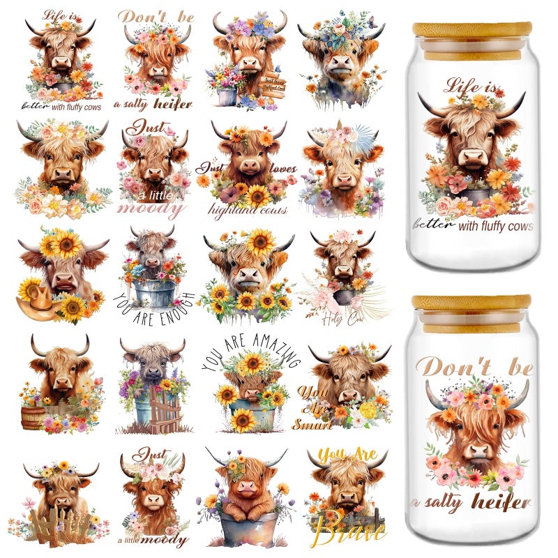 Rngmsi UV DTF Cup Wrap - 20 Sheets Highland Cow UV DTF Cup Wraps for 16 oz, Sunflower Uvdtf Decals, Waterproof Personalized Rub on Transfer Stickers for Glass, DIY Wood Crafts - Image 1