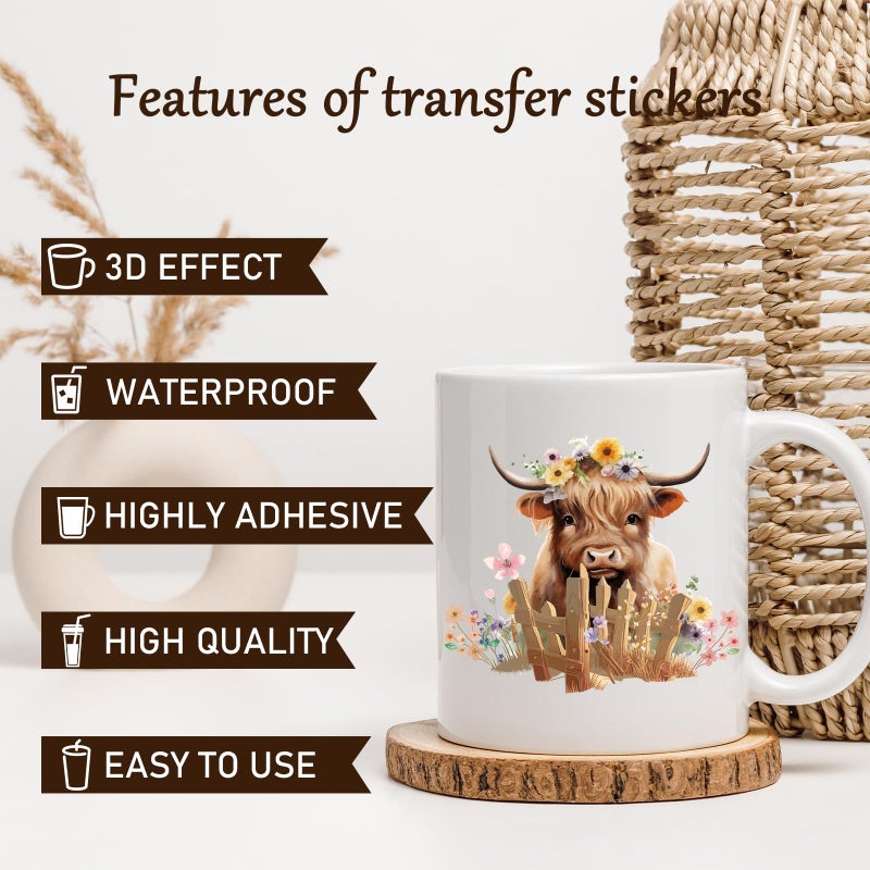 Rngmsi UV DTF Cup Wrap - 20 Sheets Highland Cow UV DTF Cup Wraps for 16 oz, Sunflower Uvdtf Decals, Waterproof Personalized Rub on Transfer Stickers for Glass, DIY Wood Crafts - Image 3