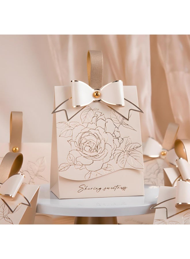 10 قطع صناديق هدايا فاخرة للشوكولاتة والحلويات – تصميم فرنسي قديم باللون الكريم مع نقوش زهور مطلية بالذهب، شريط شمبانيا ومقبض من الجلد، مثالية لحفلات الزفاف، الذكرى السنوية، أعياد الميلاد، حفلات المولود، عيد الأم والهدايا الاحتفالية - Image 1