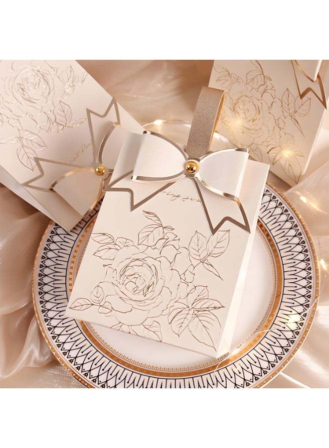 10 قطع صناديق هدايا فاخرة للشوكولاتة والحلويات – تصميم فرنسي قديم باللون الكريم مع نقوش زهور مطلية بالذهب، شريط شمبانيا ومقبض من الجلد، مثالية لحفلات الزفاف، الذكرى السنوية، أعياد الميلاد، حفلات المولود، عيد الأم والهدايا الاحتفالية - Image 3