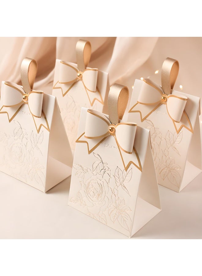 10 قطع صناديق هدايا فاخرة للشوكولاتة والحلويات – تصميم فرنسي قديم باللون الكريم مع نقوش زهور مطلية بالذهب، شريط شمبانيا ومقبض من الجلد، مثالية لحفلات الزفاف، الذكرى السنوية، أعياد الميلاد، حفلات المولود، عيد الأم والهدايا الاحتفالية - Image 2