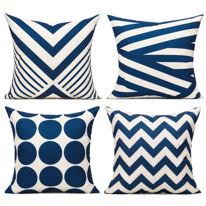 All Smiles Navy Blue Fall Outdoor Patio Throw Pillow Covers Cases Decorative for Couch Sofa Furniture Home Decor Geometric Accent Cushion Square 1818 Set of 4Nautical Navy  Tan