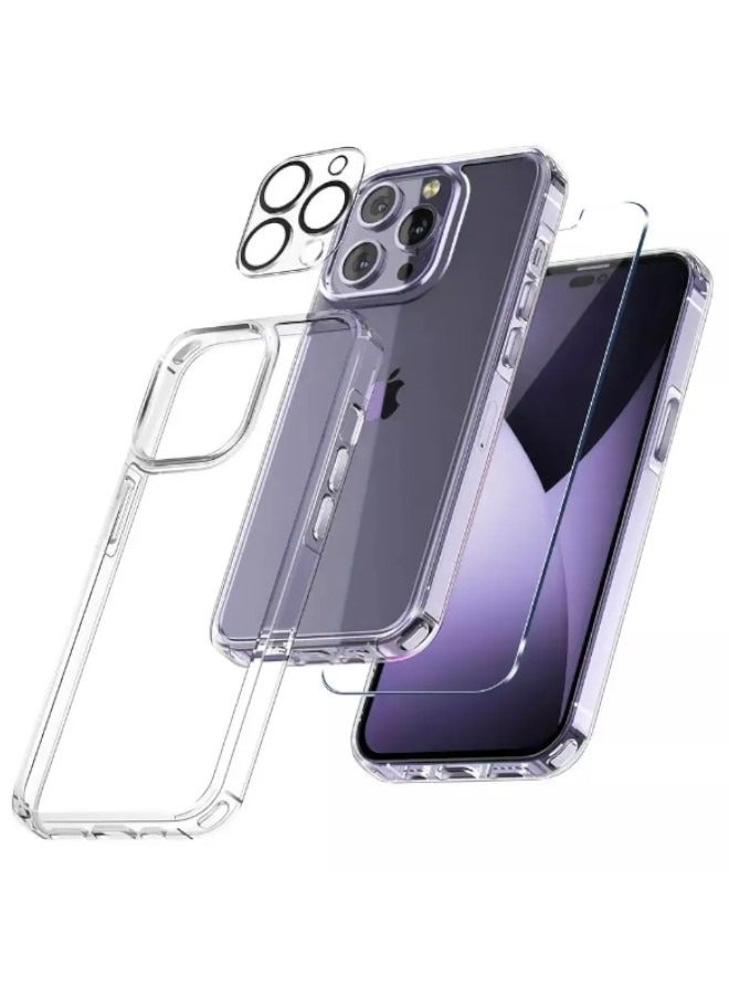 بكج حماية شفاف رفيع لايفون 14 برو (iPhone 14 Pro) مع عبوة واحدة من واقيات الشاشة من الزجاج المقوى وقطعة واحدة من واقي عدسة الكاميرا، غطاء جوال لـ 14 برو (6.1 إنش) 2022 (3in1) - Image 1