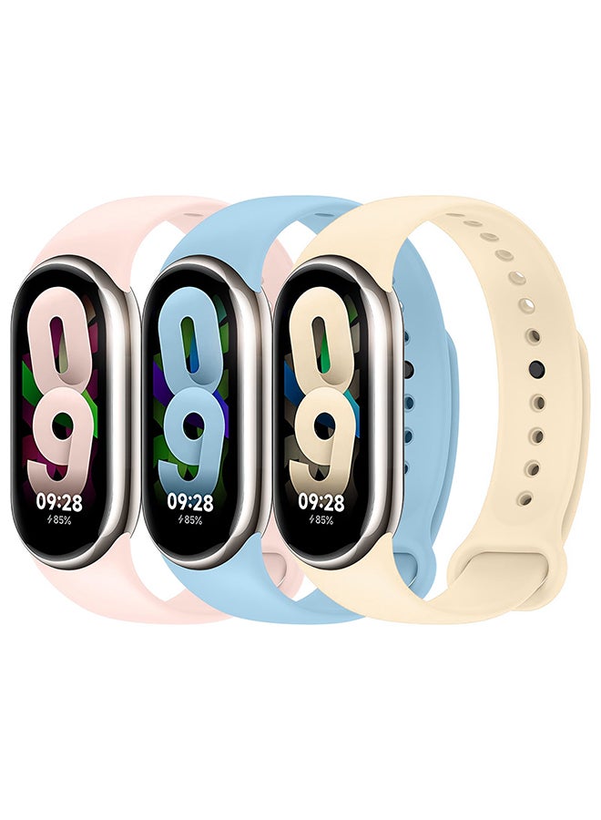 O Ozone (Pack of 3) Silicone Strap Compatible with Xiaomi Mi Band 10 /9 /8, Soft Silicone Adjustable Sports Wristbands Women Men (Pink/Beige/Blue) - Image 1