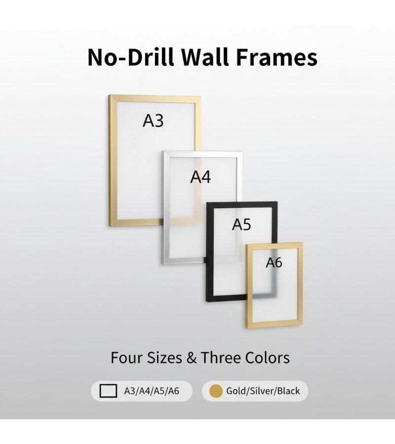 Set of 4 Gray Black White Golden A3 A6 Magnetic Wall Mounted Picture Frames Self Adhesive Portable Plastic Display for Photos and Documents Minimalist Home Office Decor - Image 3