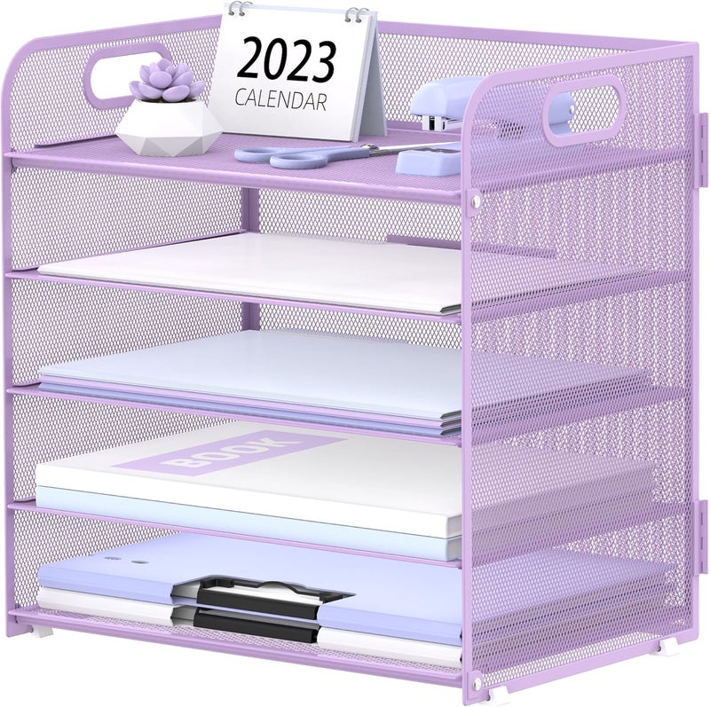 SUPEASY 5 Trays Paper Organizer Letter Tray with Handle-Mesh Desk File Holders, Paper Sorter Desk Organizer for Office, Home, Classeoom or School, Purple - Image 1