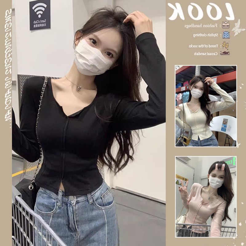 De Rong Pure Desire Split Design Sense Short T-Shirt Fashion Western Style Spice Girl Long Sleeve Base Top For Women - Image 1
