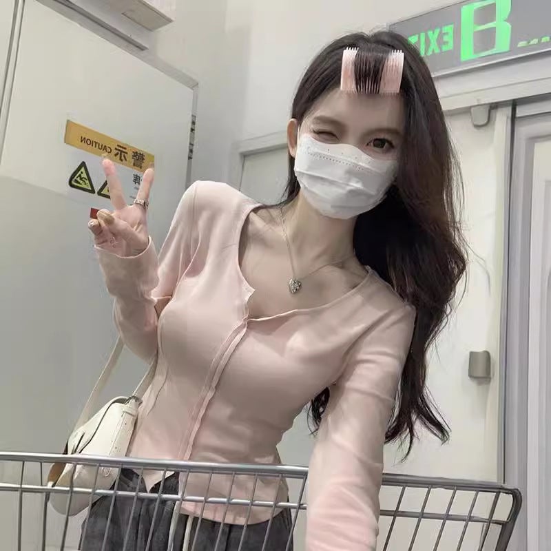 De Rong Pure Desire Split Design Sense Short T-Shirt Fashion Western Style Spice Girl Long Sleeve Base Top For Women - Image 3