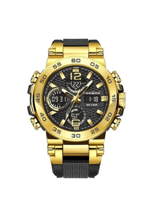 FOXBOX Dual Display Electronic Watch, Fashionable And Cool Multifunctional Silicone Glow Men's Watch, Sport Leisure Waterproof Business Watch, Military Chronograph Wrist Watch For Men, (Gold Black)