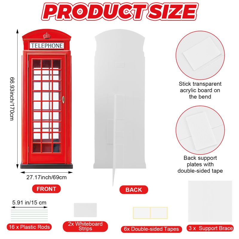 ARQRHTLY 6 Ft Red British Phone Booth Cardboard Cutout English Telephone Booth Stand up Cutout Life Size Classic Red Telephone Box Prop for British Theme Birthday Party Graduation Office Event Decor - Image 2