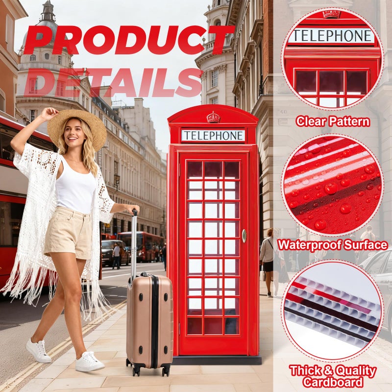 ARQRHTLY 6 Ft Red British Phone Booth Cardboard Cutout English Telephone Booth Stand up Cutout Life Size Classic Red Telephone Box Prop for British Theme Birthday Party Graduation Office Event Decor - Image 4