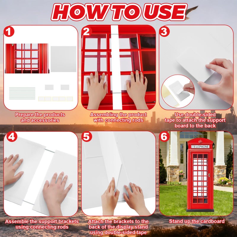 ARQRHTLY 6 Ft Red British Phone Booth Cardboard Cutout English Telephone Booth Stand up Cutout Life Size Classic Red Telephone Box Prop for British Theme Birthday Party Graduation Office Event Decor - Image 3