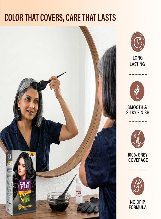 Color Mate Hair Color Cream Cream With Keratin | Natural, 100% Grey Coverage, Long-Lasting, Chemical-Free Permanent Hair Conditioning Colour | Unisex, 2.0 Natural Black, 130ml, Pack Of 2 - Image 5