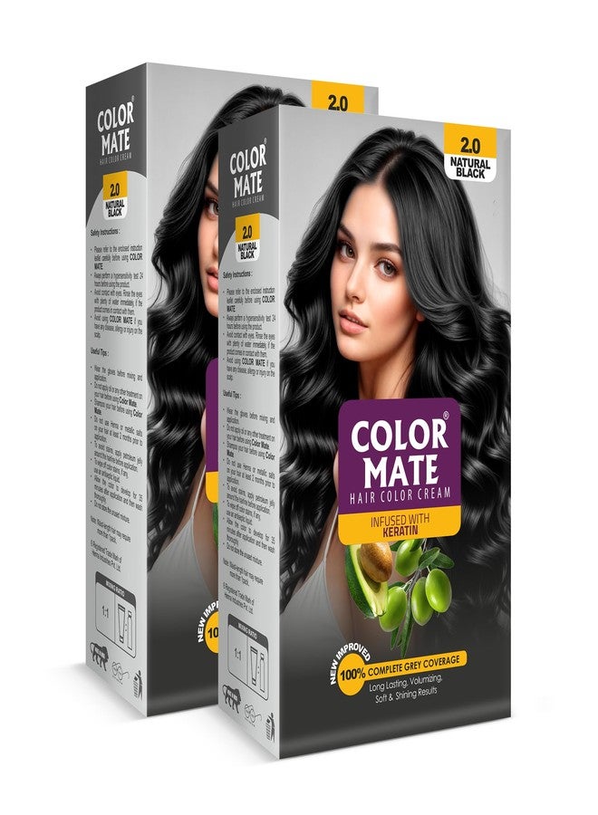 Color Mate Hair Color Cream Cream With Keratin | Natural, 100% Grey Coverage, Long-Lasting, Chemical-Free Permanent Hair Conditioning Colour | Unisex, 2.0 Natural Black, 130ml, Pack Of 2 - Image 1