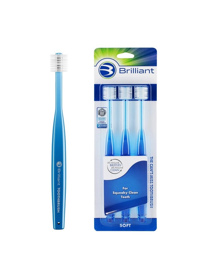 Brilliant Oral Care Adult Toothbrush With Soft Bristles, Round Head, And All-Around Clean For Teeth And Gums, Blue, 3 Pack - Image 1