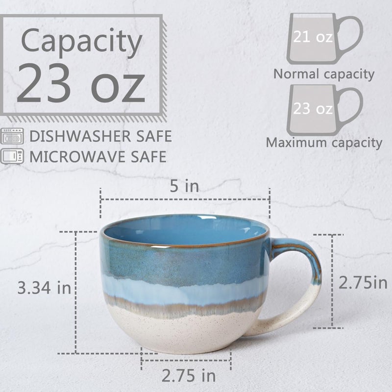 Bosmarlin Ceramic Jumbo Coffee Mug Set of 2 23 Oz Large Mug Soup Bowls with Handles Dishwasher and Microwave Safe Blue - Image 2