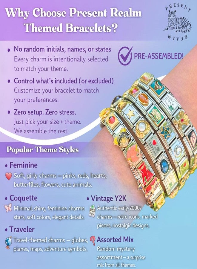 Present Realm Custom Italian Charm Bracelet, 18 Unique Vintage Y2K Charms Stainless Steel Silver or Gold Bracelet for Women and Men, 1 Bracelet Fully Assembled & Ready to Wear - Image 4