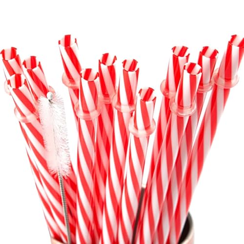 AIZIXIN Christmas Reusable Plastic Straws Red and White Striped Straws with Cleaner Brush Xmas Drinking Straws with Rings for Christmas Wedding Party Supplies.(12 Pieces 10.5 inch) - Image 1
