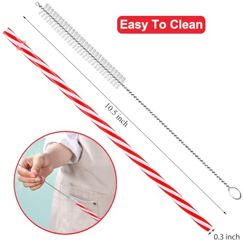 AIZIXIN Christmas Reusable Plastic Straws Red and White Striped Straws with Cleaner Brush Xmas Drinking Straws with Rings for Christmas Wedding Party Supplies.(12 Pieces 10.5 inch) - Image 2