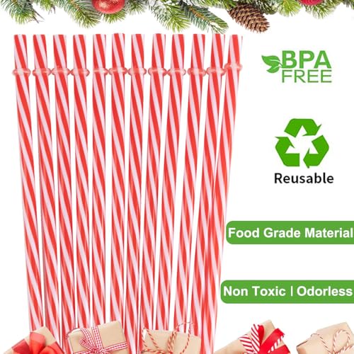 AIZIXIN Christmas Reusable Plastic Straws Red and White Striped Straws with Cleaner Brush Xmas Drinking Straws with Rings for Christmas Wedding Party Supplies.(12 Pieces 10.5 inch) - Image 3