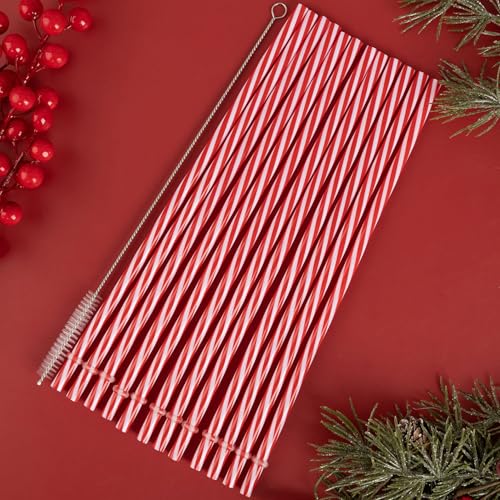 AIZIXIN Christmas Reusable Plastic Straws Red and White Striped Straws with Cleaner Brush Xmas Drinking Straws with Rings for Christmas Wedding Party Supplies.(12 Pieces 10.5 inch) - Image 5