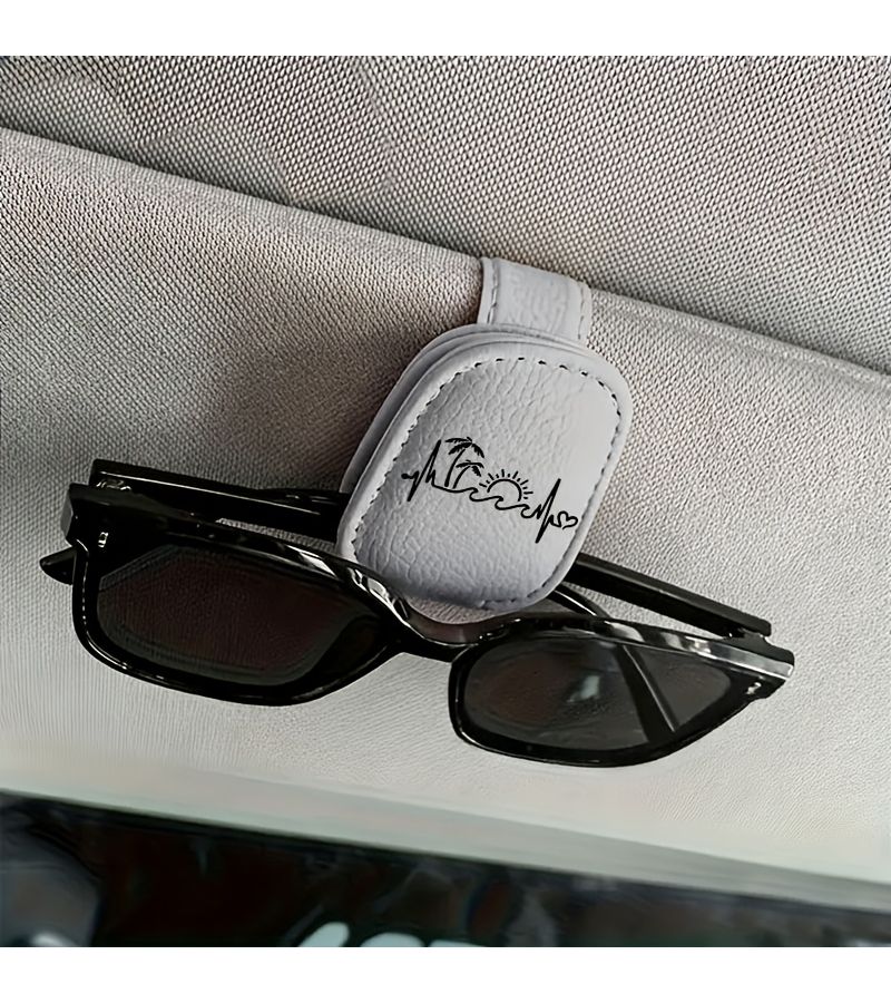 Grey Line Art Coconut Tree Sun Car Visor Eyewear Holder Clip PU Magnetic Closure Scratch Free One Handed Operation Ticket Holder - Image 4