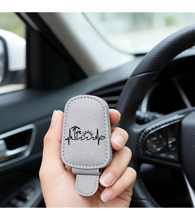 Grey Line Art Coconut Tree Sun Car Visor Eyewear Holder Clip PU Magnetic Closure Scratch Free One Handed Operation Ticket Holder - Image 5