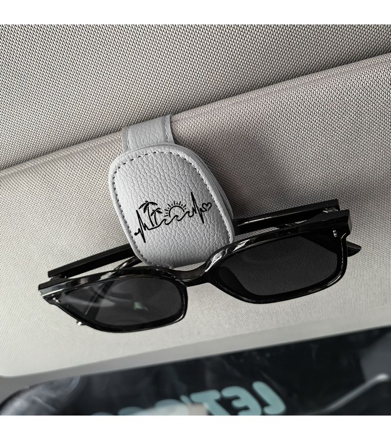 Grey Line Art Coconut Tree Sun Car Visor Eyewear Holder Clip PU Magnetic Closure Scratch Free One Handed Operation Ticket Holder - Image 1