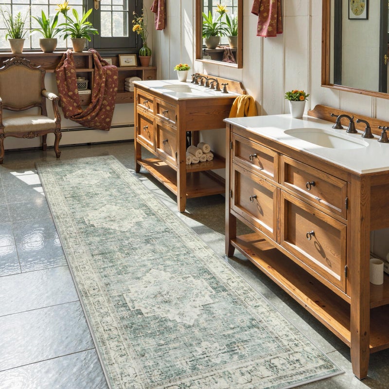 LIVEBOX Washable 2.5x8 Runner Rugs for Entryway Bathroom, Boho Kitchen Floor Mats Long Rug Runners for Hallways Non Slip, Farmhouse Low-Pile Carpet Runners for Laundry Room, Sage Green - Image 2
