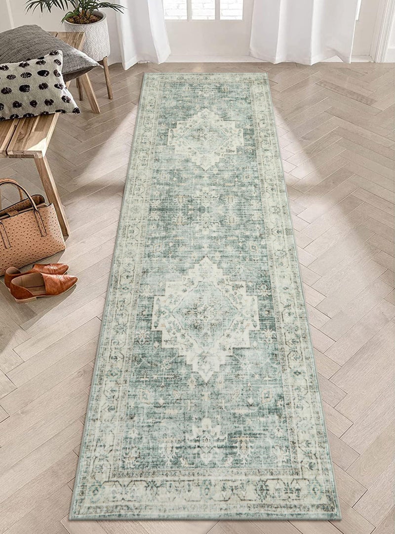LIVEBOX Washable 2.5x8 Runner Rugs for Entryway Bathroom, Boho Kitchen Floor Mats Long Rug Runners for Hallways Non Slip, Farmhouse Low-Pile Carpet Runners for Laundry Room, Sage Green - Image 1