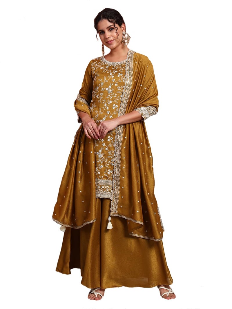 SHOPPING QUEEN Women's Silk Blend Embroidered Kurta and Palazzo Set (A585_Antique Gold_L) - Image 1