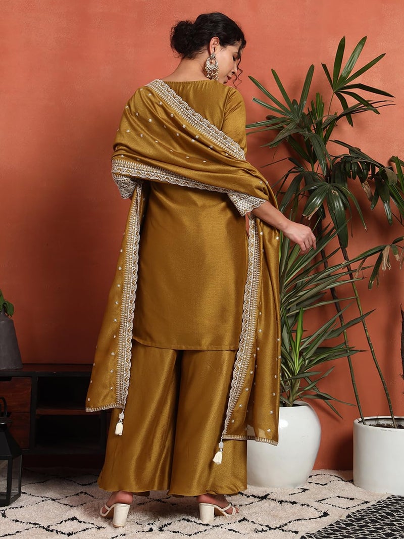 SHOPPING QUEEN Women's Silk Blend Embroidered Kurta and Palazzo Set (A585_Antique Gold_L) - Image 2