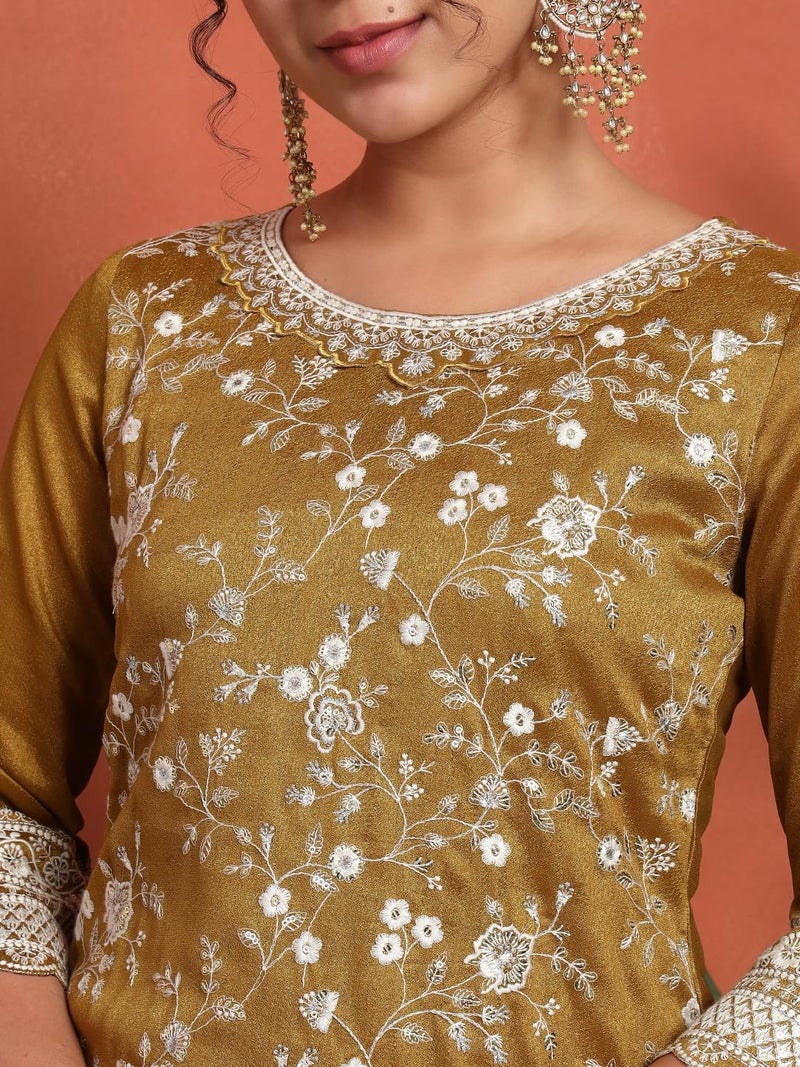 SHOPPING QUEEN Women's Silk Blend Embroidered Kurta and Palazzo Set (A585_Antique Gold_L) - Image 4