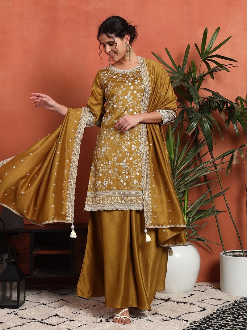 SHOPPING QUEEN Women's Silk Blend Embroidered Kurta and Palazzo Set (A585_Antique Gold_L) - Image 3