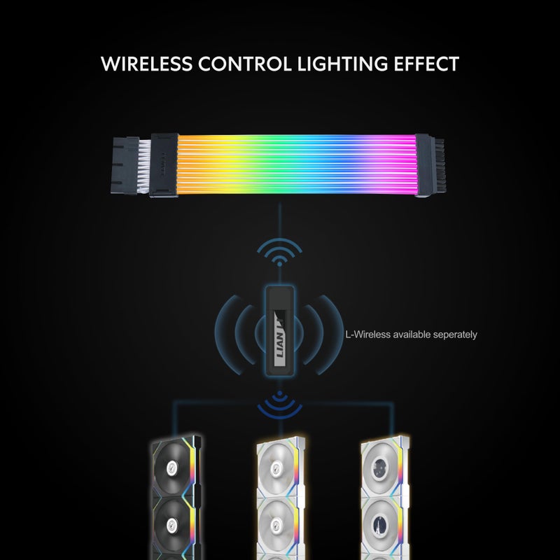Lian Li Strimer Wireless 24-Pin RGB Motherboard Power Extension Cable, 2.4GHz Wireless Lighting Control, 315mm (12.4 in) 12 Light Guides, Controller Required (Not Included) (PW24-1W) - Image 3