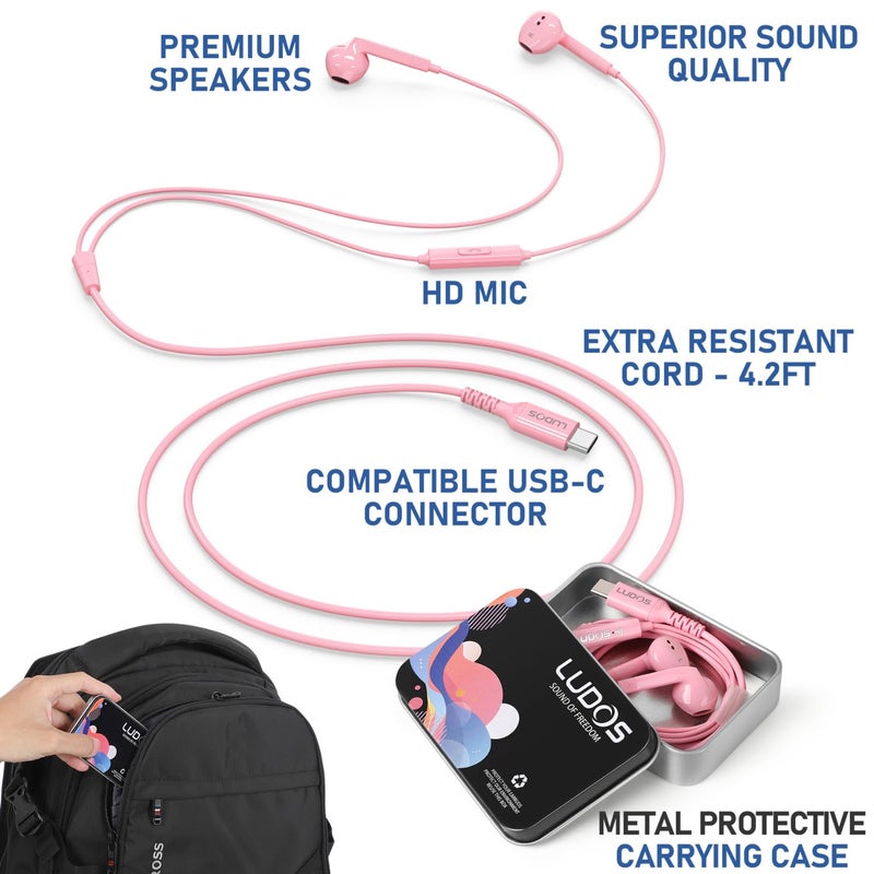 LUDOS FEROX USB C Headphones for iPhone 17 16 15 Pro Max Plus Air iPad Pro, 5 Years Warranty, USB-C Earbuds for Samsung Galaxy S24 S23 Ultra S22 S21 FE S20 Z Flip 3 Fold 4 A53, USB Type C Earphones - Image 3