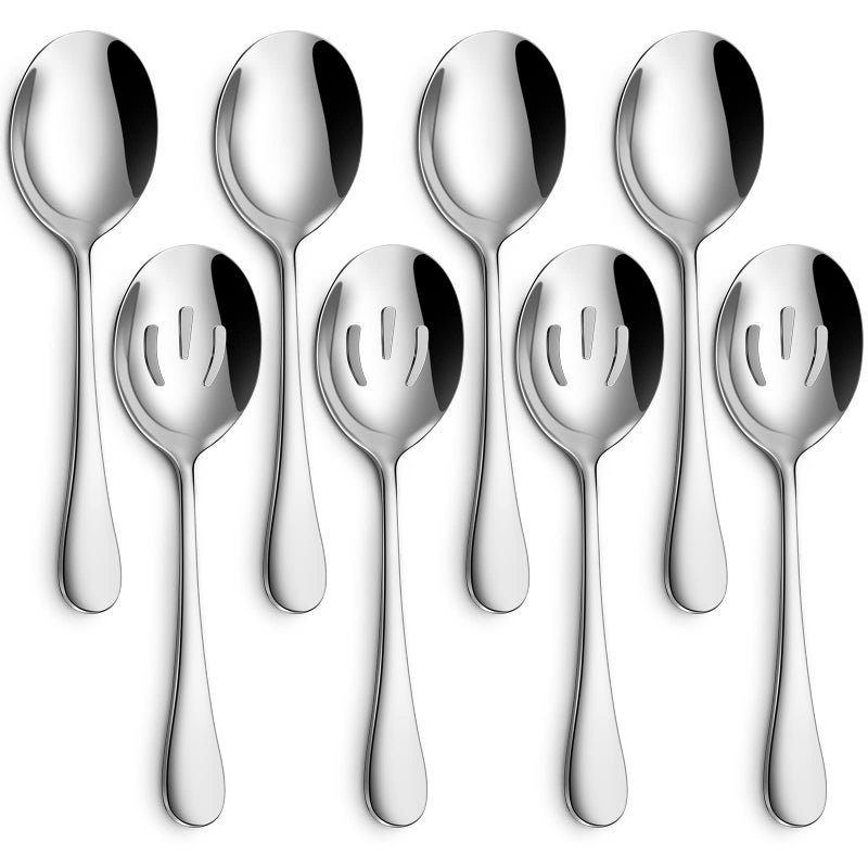 Hiware 8-Piece Serving Set - Includes 4 Spoons and 4 Slotted Spoons, 18/8 Stainless Steel Buffet Utensils - Mirror Polished, Dishwasher Safe, 8.6-Inch - Image 1