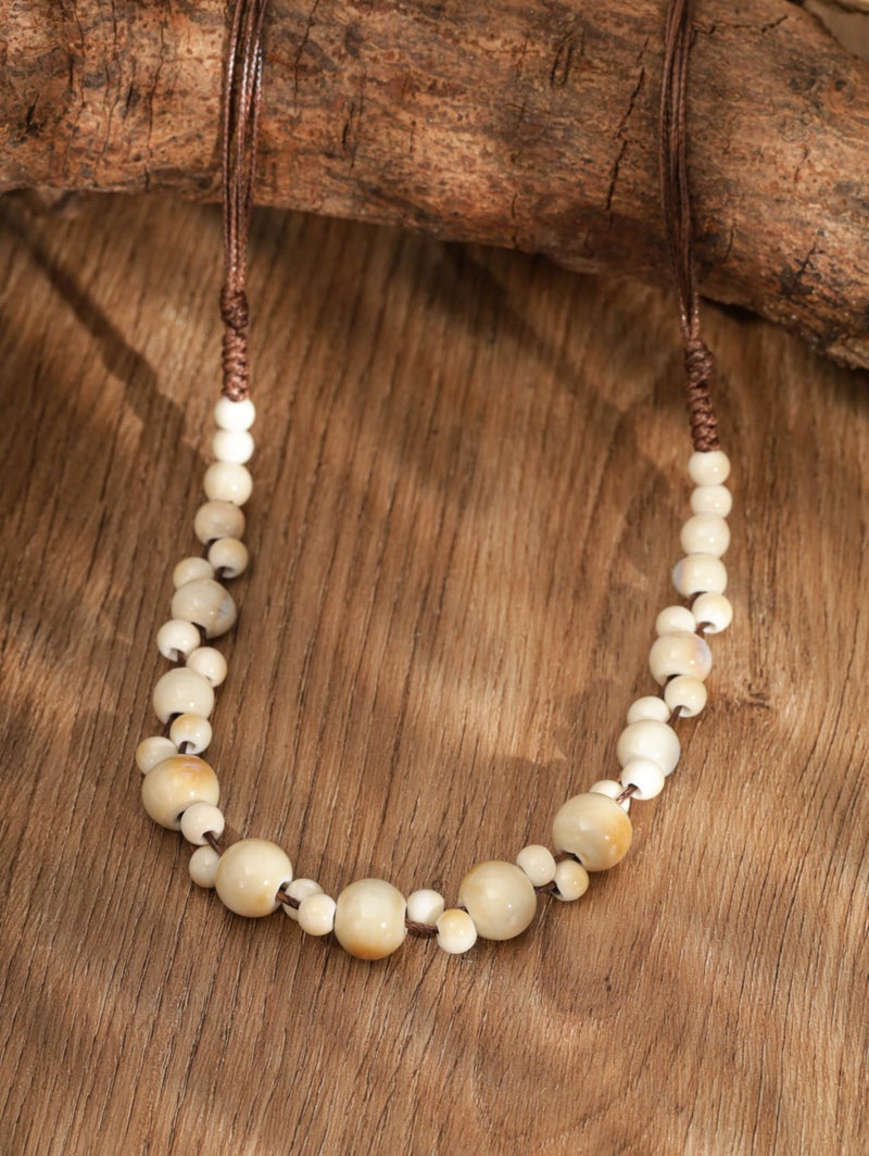 MINACHI Hippie Boho White Cream Ceramic Round Spherical Bead Necklace, Bohemian Jewelry Gifts for Women - Image 2