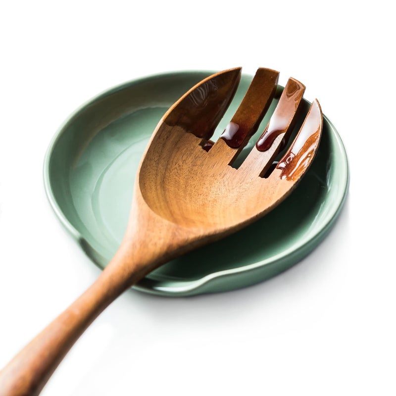 LYEOBOH Spoon Rest for Stove Top Spoon Holder Large Ceramic Spoon Rest for Kitchen Counter 5 Inches Cooking Spoon Rest for Spoon Ladle Spatula Modern Farmhouse Kitchen Decor 1 PC Green