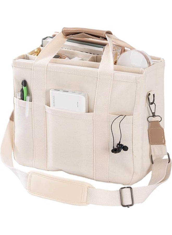 Canvas Tote Bag with Multi Pockets Crossbody Tote Bag for Women Trendy Shoulder Handbag Everything Tote Bag with Compartments - Image 1