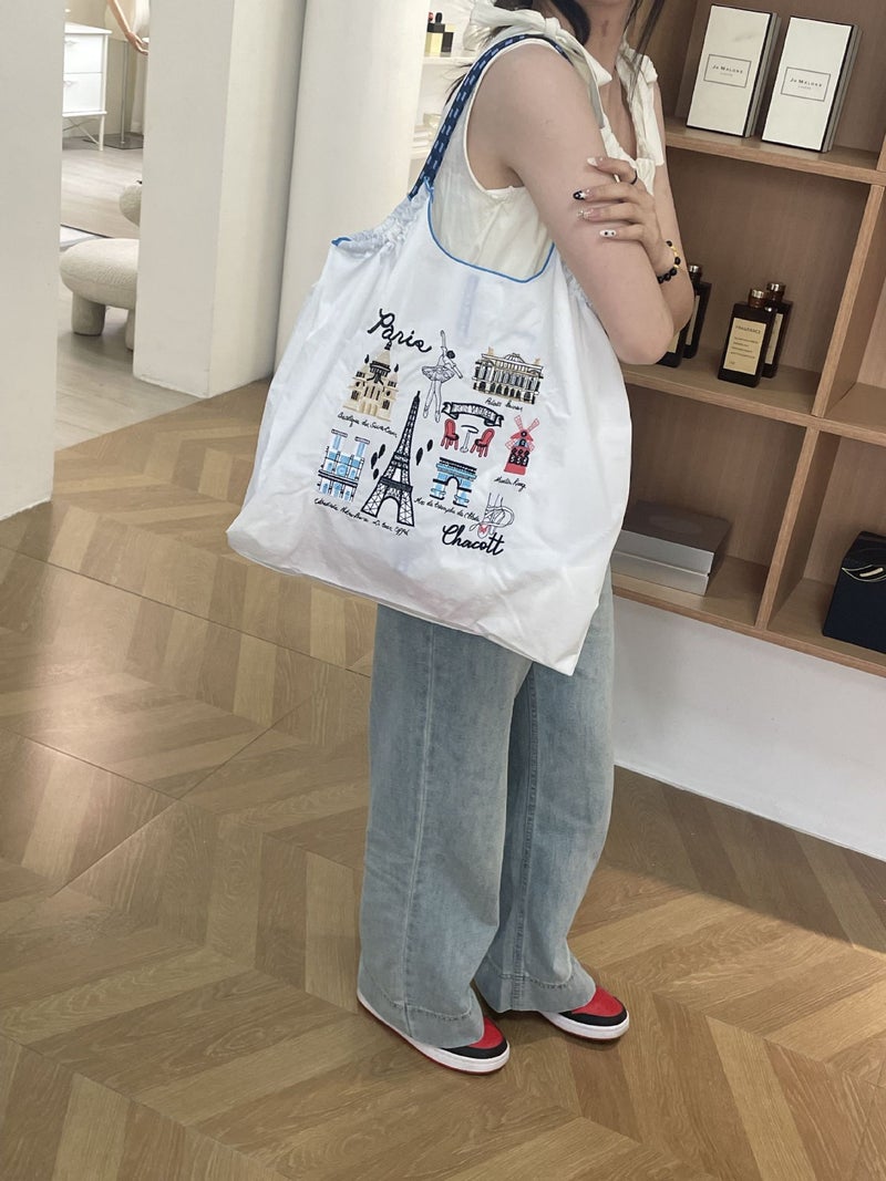 China Trendy Brand Embroidered All-Match White Large Capacity Shopping Bag Oxford Bag Embroidered Nylon Shopping Bag Portable - Image 4