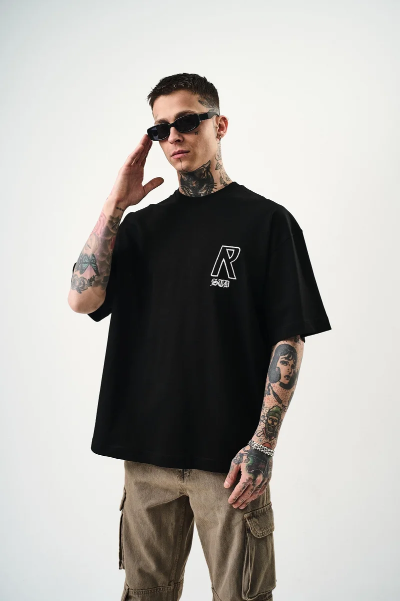 RESPIRE Men's R Creative Embroidered Oversize T-Shirt Black