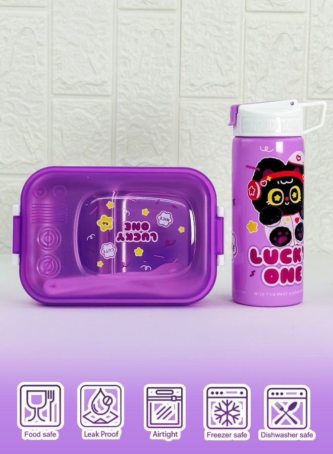 توشيونيكس علبة غداء من الستانلس ستيل – سعة 1.02 لتر – بحجرتين، ملعقة، شوكة، زجاجة مع مصاصة، آمنة للميكروويف، مانعة للتسرب، خالية من BPA – تصميم كرتوني للأطفال – مثالية للمدرسة، الحضانة، والهدايا – 17 × 12 × 5 سم - Image 1